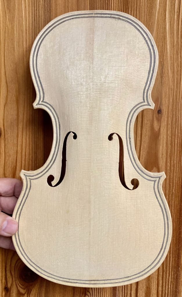 Front of Unfinished five string fiddle by Chet Bishop, Luthier